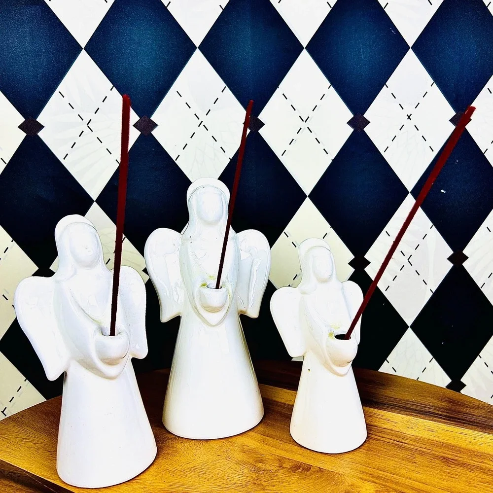 Angel Incense/ Candle Holders Set of 3 Ceramic White‎ Glazed Vintage